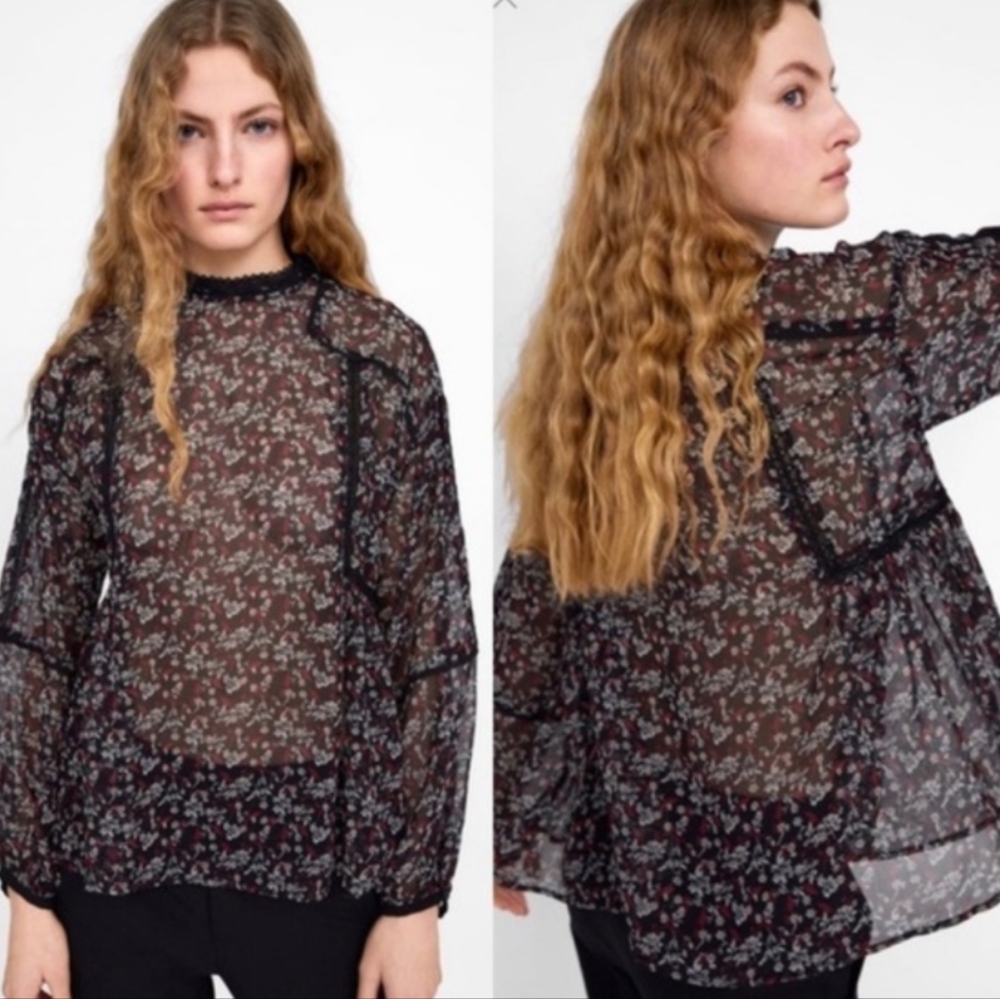 Zara Floral Print Peasant Blouse Balloon Sleeves black Large @A7